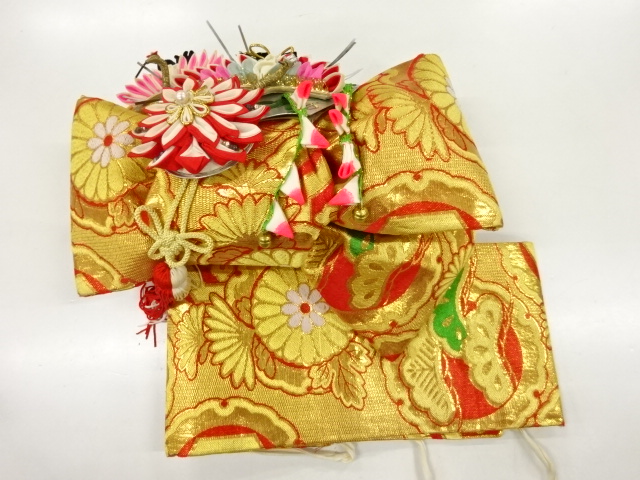 JAPANESE KIMONO / ANTIQUE RIBBON TSUKURI OBI FOR KIDS / WOVEN PINE & FLOWER